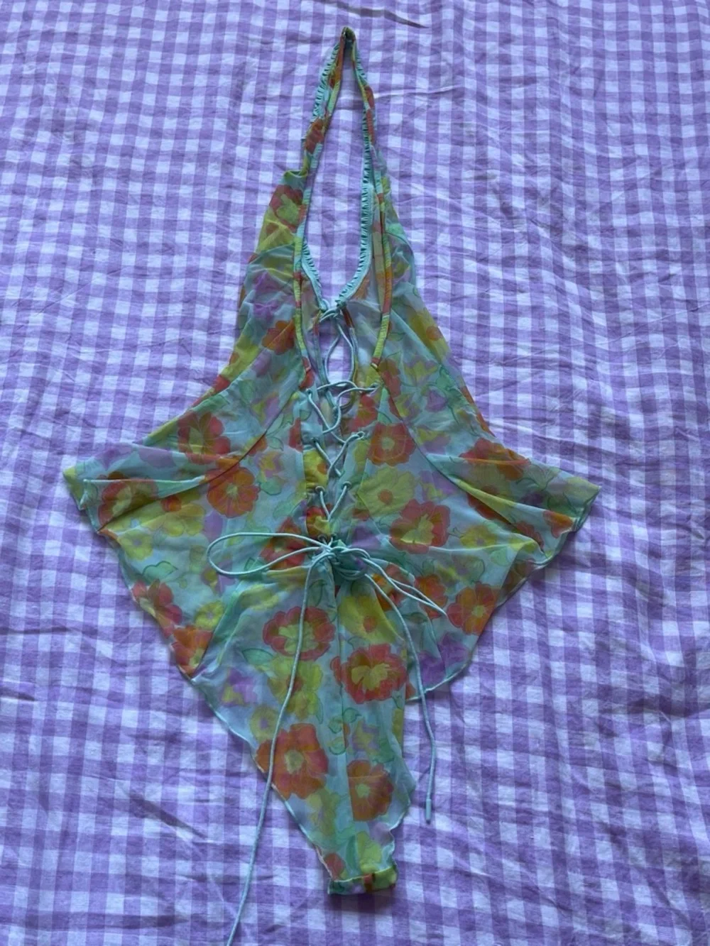 Savage X Fenty Sheer Floral Halter One-Piece in Mint Green with Orange Flowers